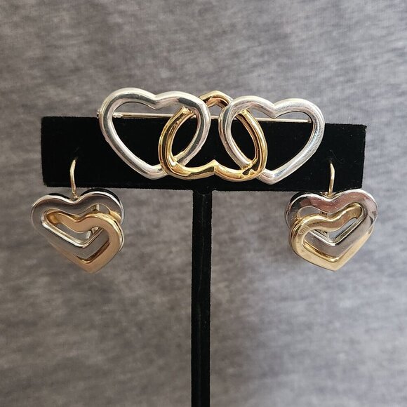 Ross Simon Sterling Silver & 14k Gold Heart Brooch & Earrings - Picture 1 of 8